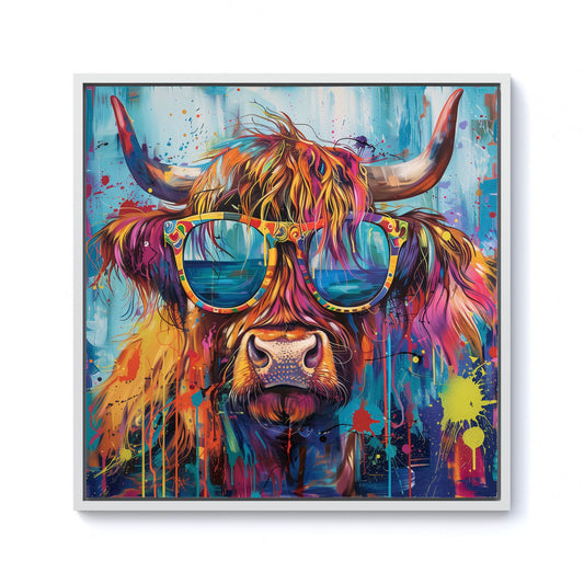 Splashart Highland Cow With Glasses Framed Canvas