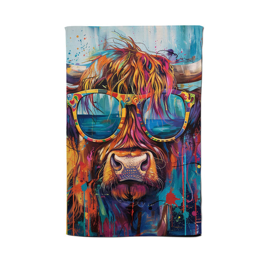 Splashart Highland Cow With Glasses Tea Towel