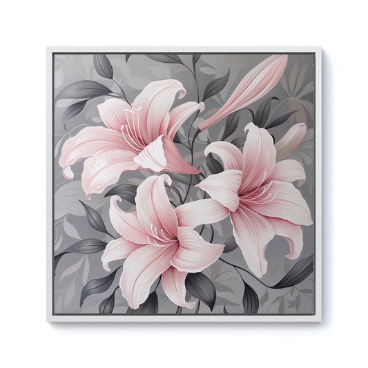 Pink Lilies On Grey Framed Canvas