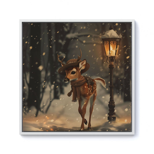 Fawn In A Snowy Scene Framed Canvas