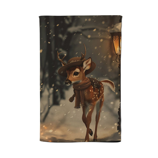 Fawn In A Snowy Scene Tea Towel