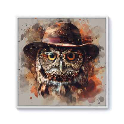 Owl With Hat And Glasses Framed Canvas