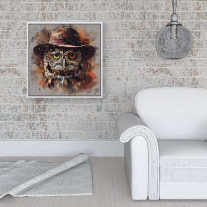 Owl With Hat And Glasses Framed Canvas