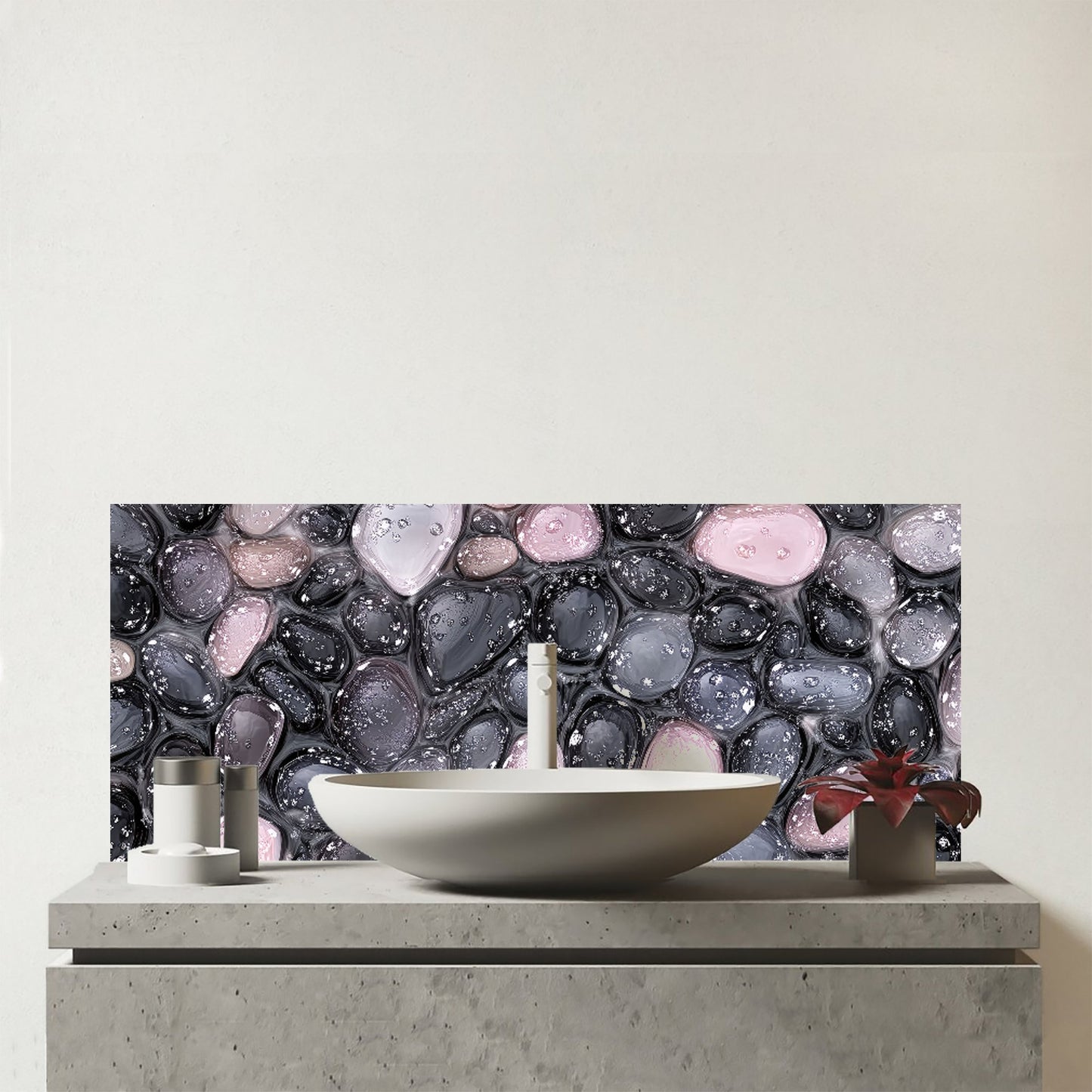 Glossy Pebbles in Soft Hues Glass Bathroom Splashback