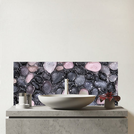 Glossy Pebbles in Soft Hues Glass Bathroom Splashback