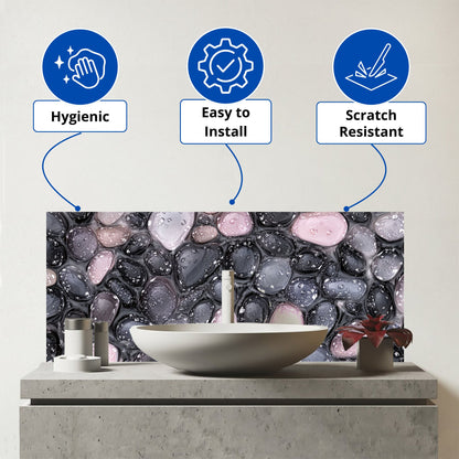 Glossy Pebbles in Soft Hues Glass Bathroom Splashback