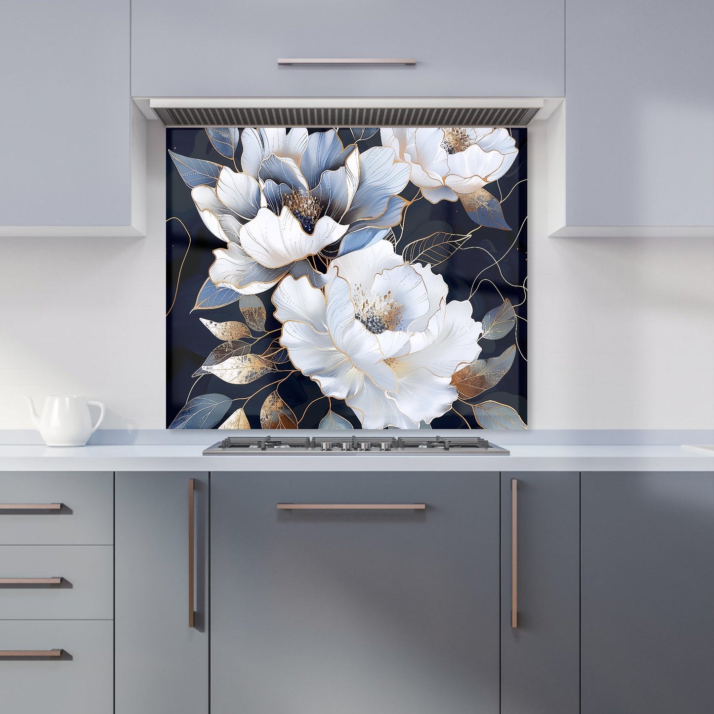 Elegant Floral Symphony in Blue and Gold Kitchen Splashback