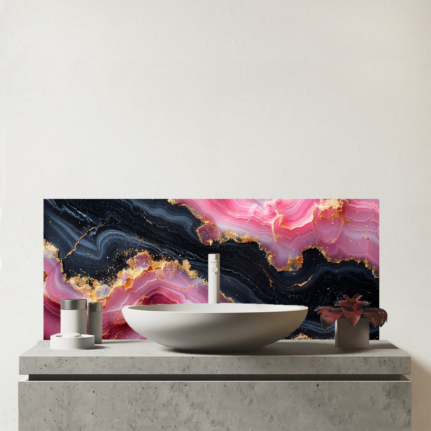 Pink And Black Marble Effect Glass Bathroom Splashback