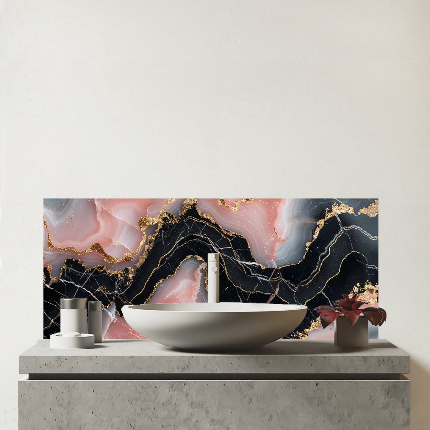 Baby Pink And Black Marble Effect Glass Bathroom Splashback