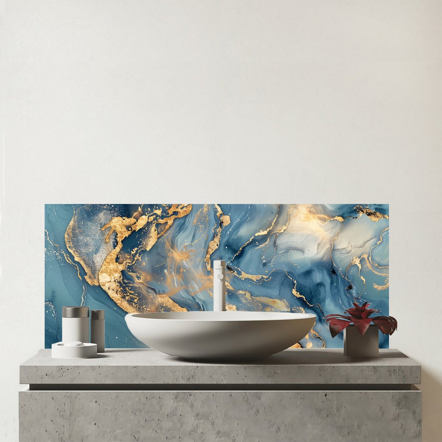 Azure And Gold Marble Effect Glass Bathroom Splashback