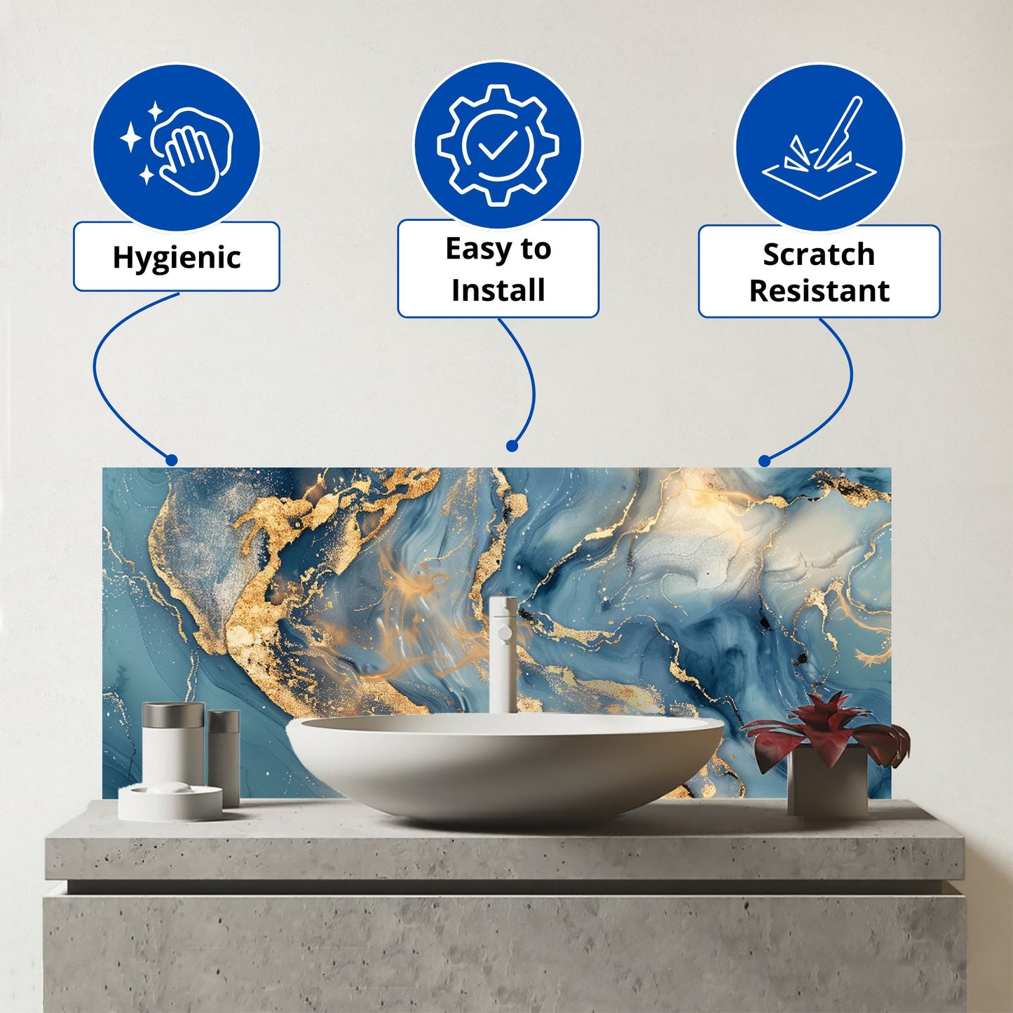 Azure And Gold Marble Effect Glass Bathroom Splashback