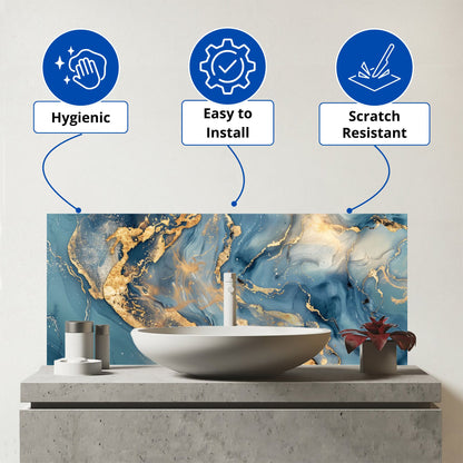 Azure And Gold Marble Effect Glass Bathroom Splashback