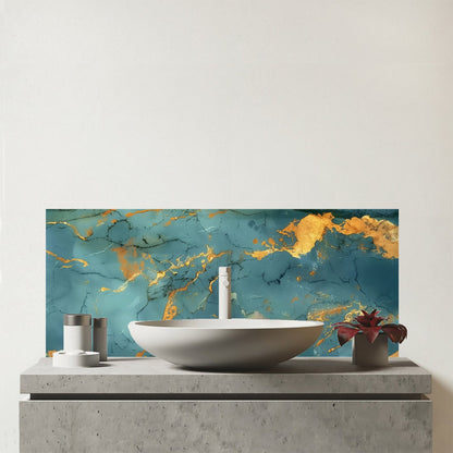 Gold And Azure Marble Effect Glass Bathroom Splashback