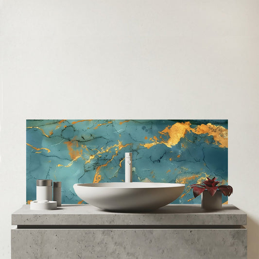 Gold And Azure Marble Effect Glass Bathroom Splashback