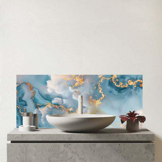 Blue And Gold Marble Effect Glass Bathroom Splashback