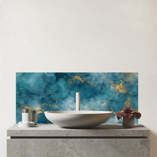 Gold And Blue Marble Effect Glass Bathroom Splashback