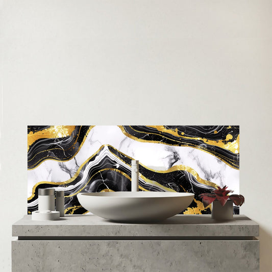 Black And Gold Marble Effect Glass Bathroom Splashback