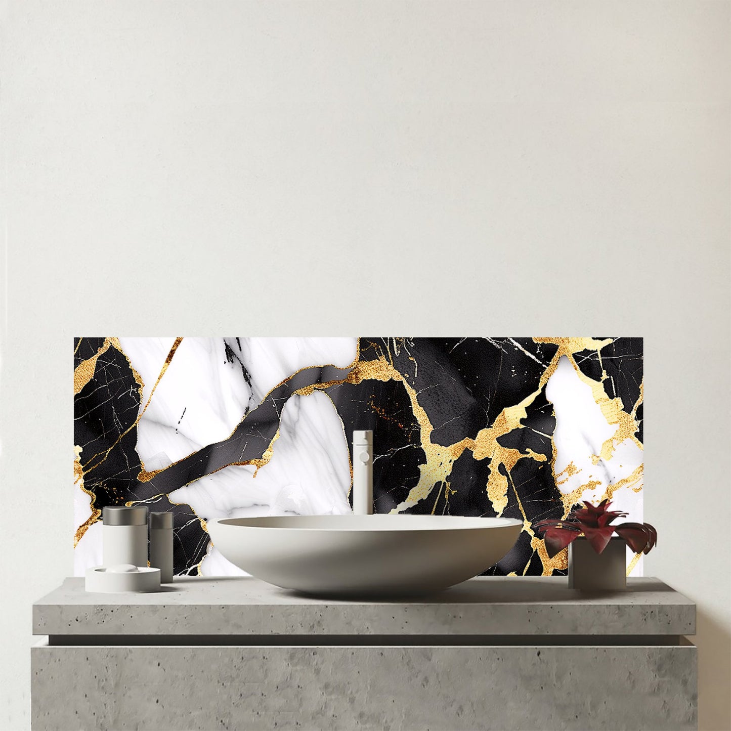 Gold And Black Marble Effect Glass Bathroom Splashback