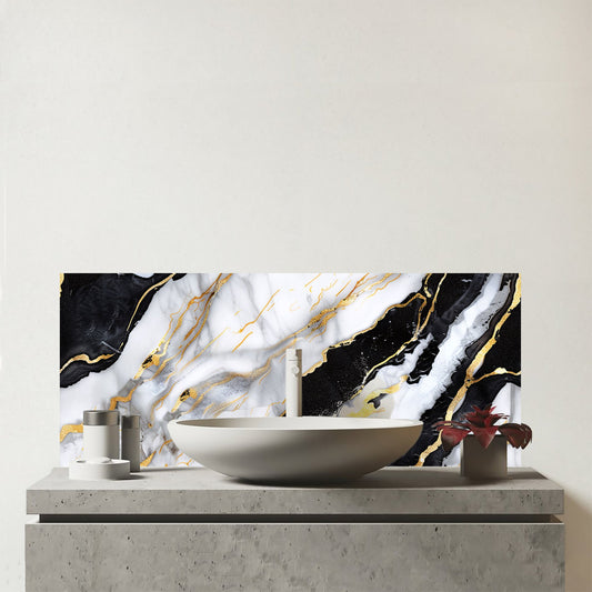 White And Gold Marble Effect Glass Bathroom Splashback