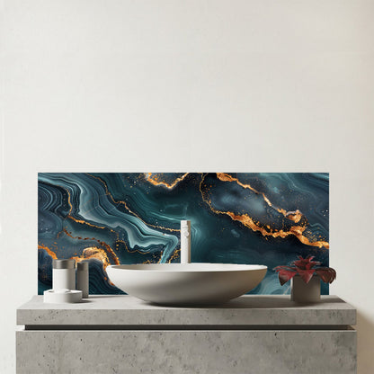 Gold, Blue Marble Effect Glass Bathroom Splashback