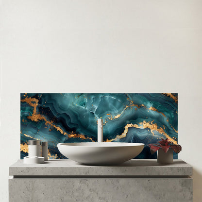 Blue, Gold Marble Effect Glass Bathroom Splashback