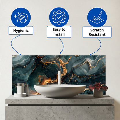 Vibrant Blue Marble Effect Glass Bathroom Splashback