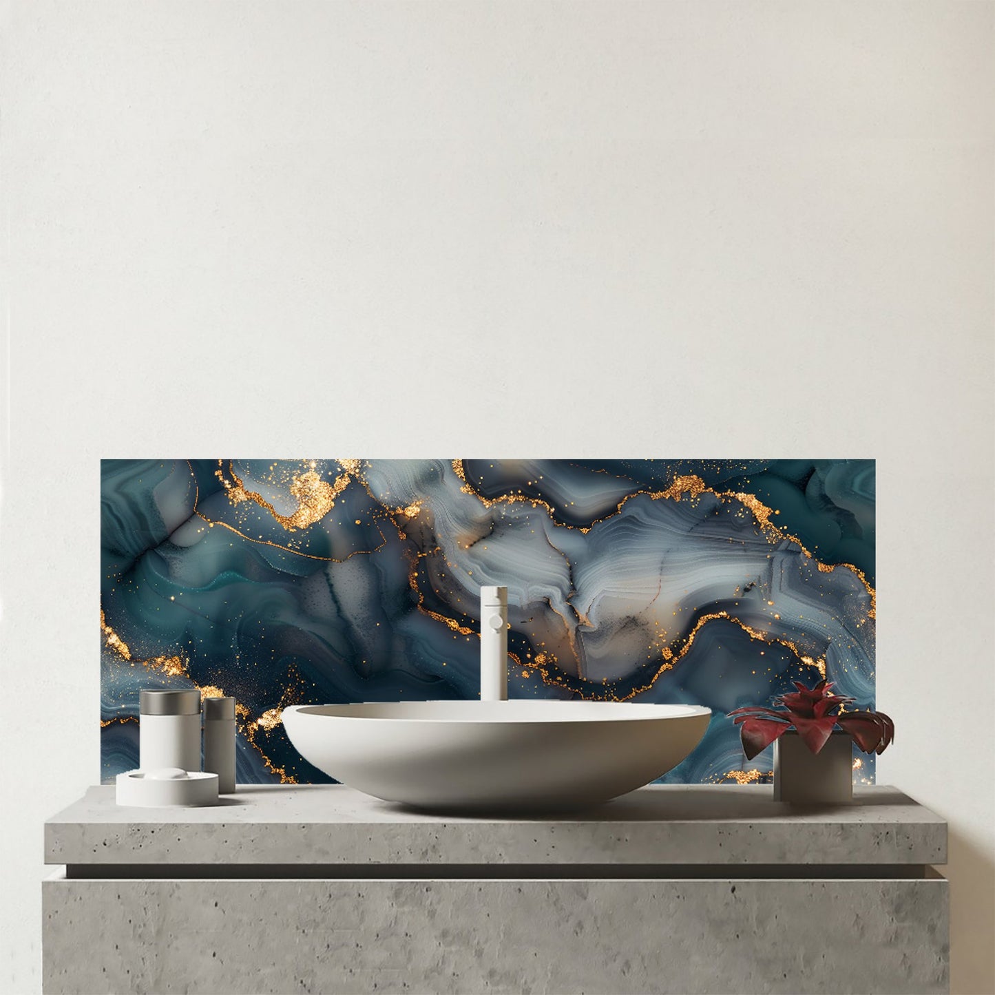 Blues And Gold Marble Effect Glass Bathroom Splashback