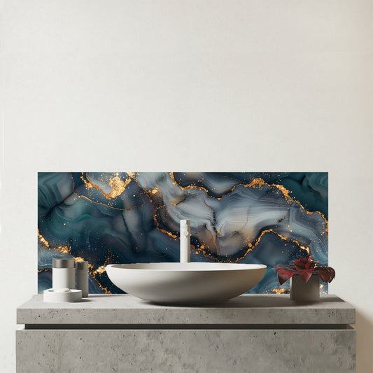 Blues And Gold Marble Effect Glass Bathroom Splashback