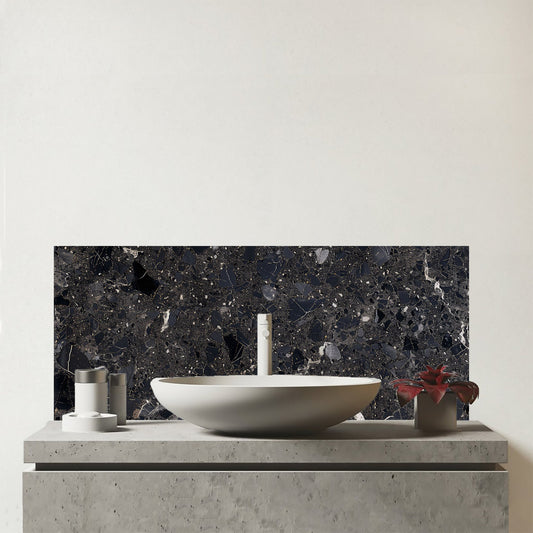 Dark Grey Quartz Effect Glass Bathroom Splashback