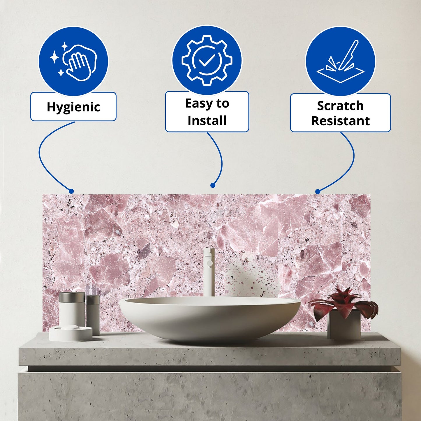 Dusty Pink Quartz Effect Glass Bathroom Splashback