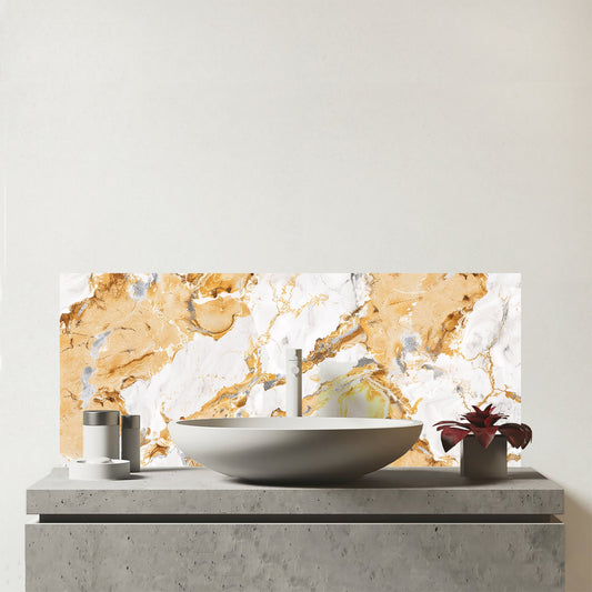 White And Gold Quartz Effect Glass Bathroom Splashback