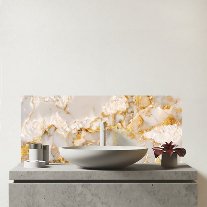 Gold And White Quartz Effect Glass Bathroom Splashback