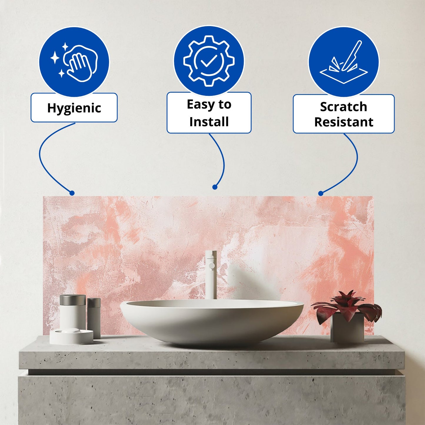 Minimalistic Pink Grunge Effect Glass Bathroom Splashback