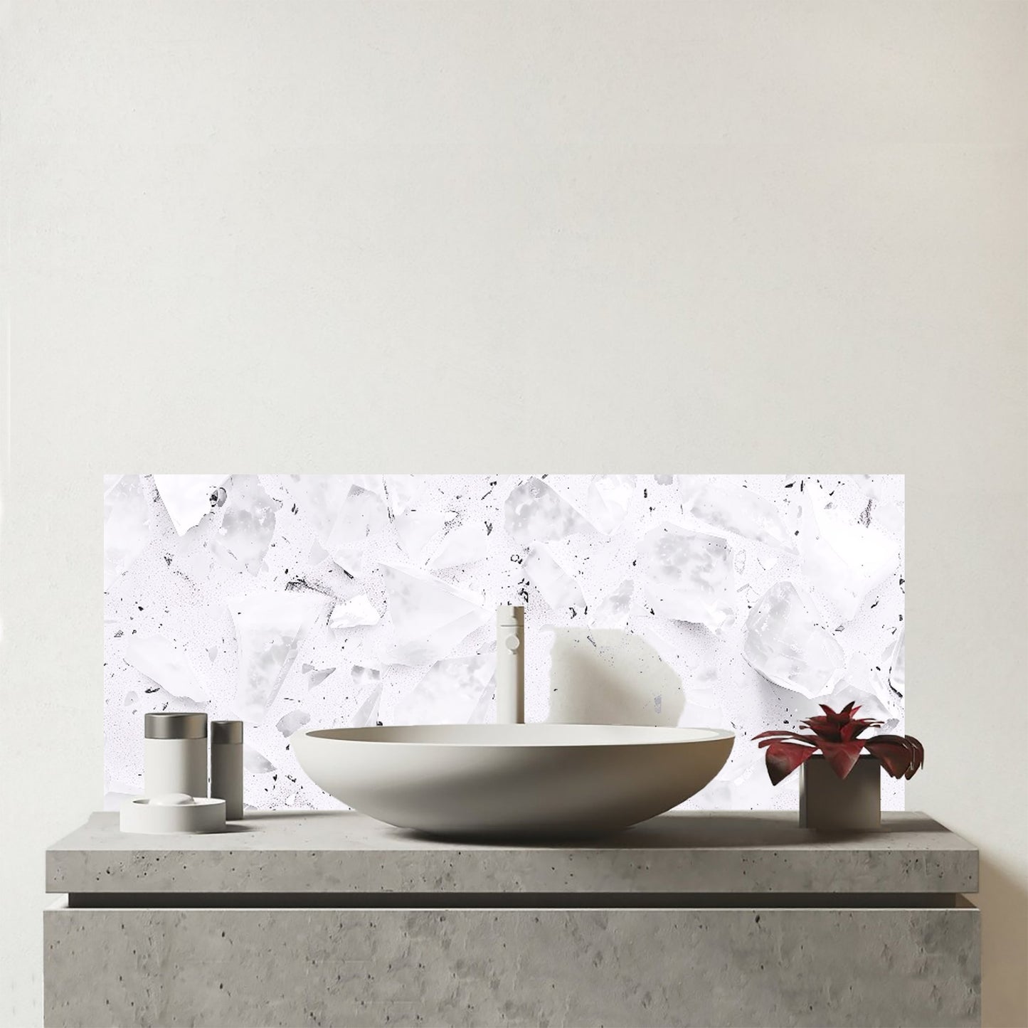 Ice White Quartz Effect Glass Bathroom Splashback