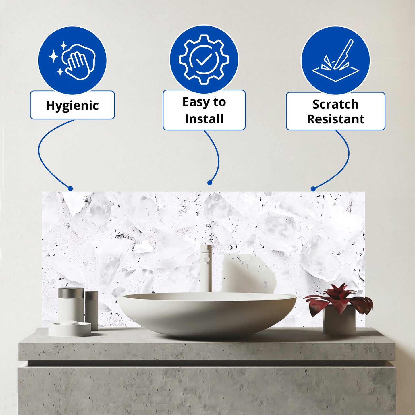 Ice White Quartz Effect Glass Bathroom Splashback