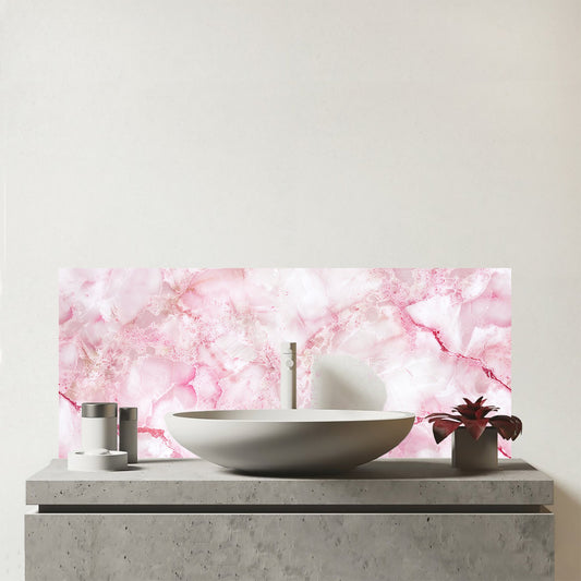 Pink And White Quartz Effect Glass Bathroom Splashback