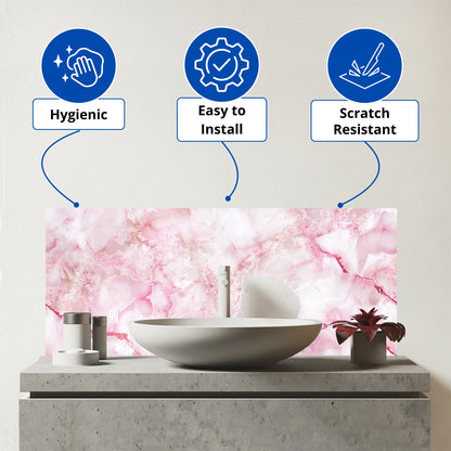 Pink And White Quartz Effect Glass Bathroom Splashback