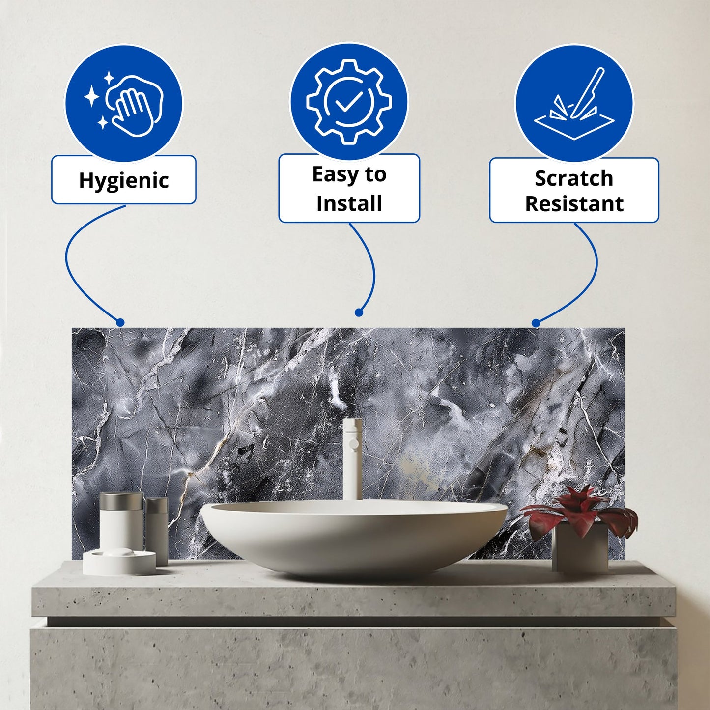 Deep Grey Marble Effect Glass Bathroom Splashback