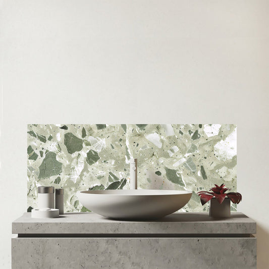 Sage Green And White Quartz Effect Glass Bathroom Splashback