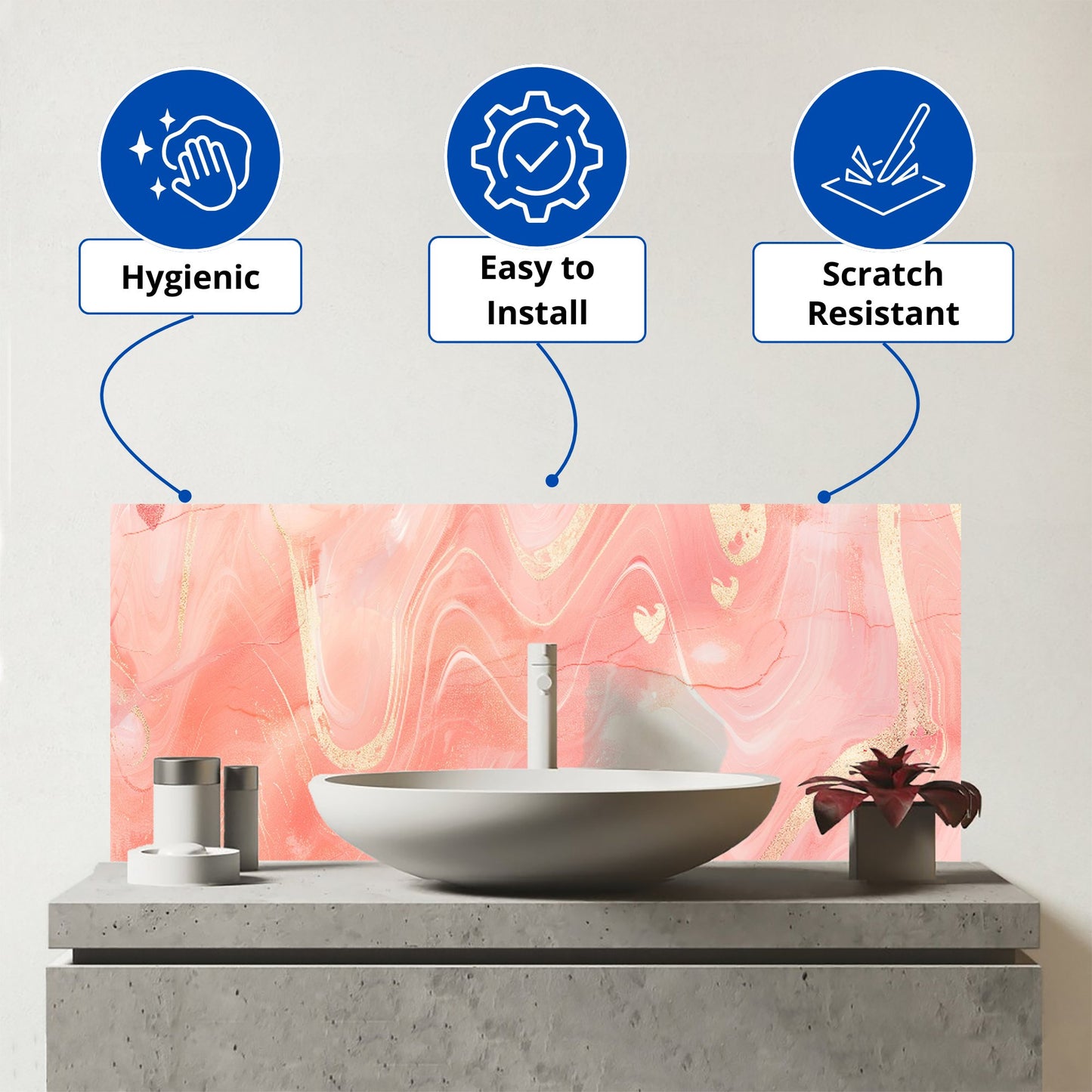 Salmon Pink Hearts Marble Effect Glass Bathroom Splashback