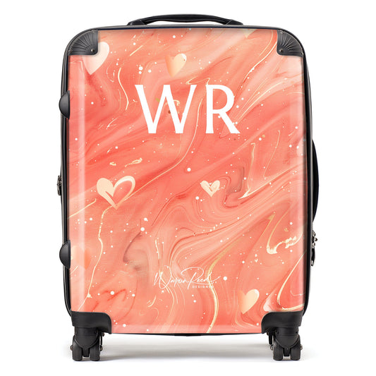 WR01120 Personalised Salmon Pink With Hearts Marble Effect Initial Suitcase