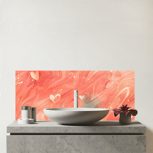 Salmon Pink With Hearts Marble Effect Glass Bathroom Splashback