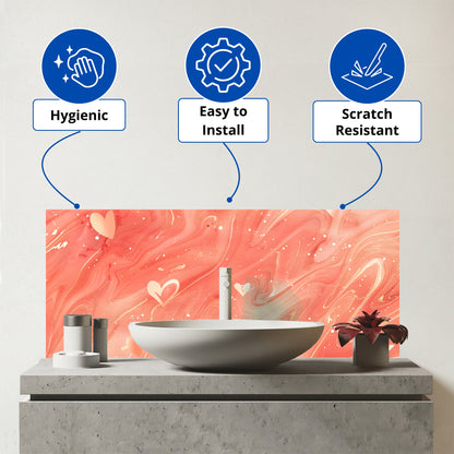 Salmon Pink With Hearts Marble Effect Glass Bathroom Splashback