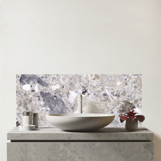 Silver Quartz Effect Glass Bathroom Splashback