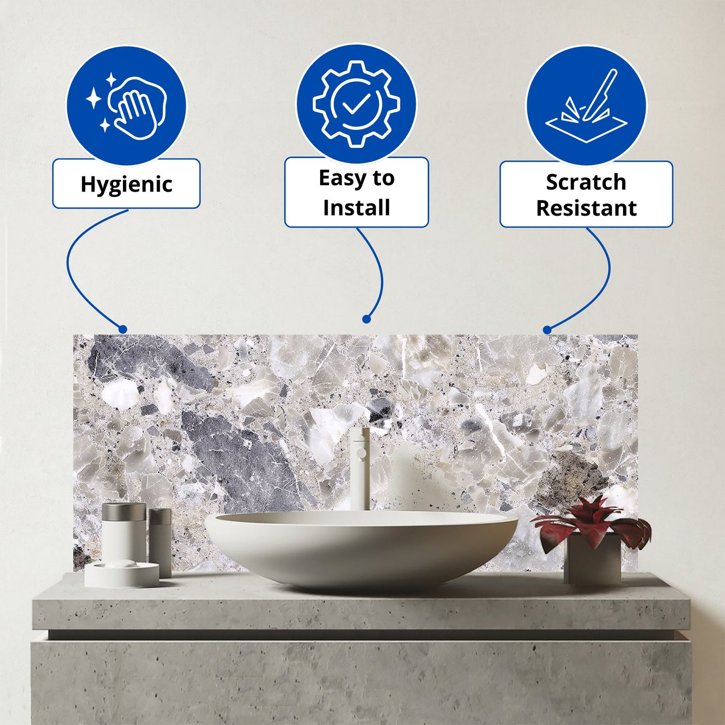 Silver Quartz Effect Glass Bathroom Splashback