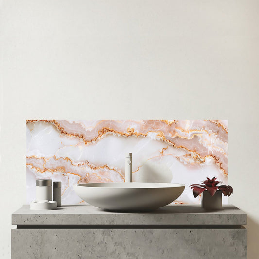 Peach Quartz Effect Glass Bathroom Splashback