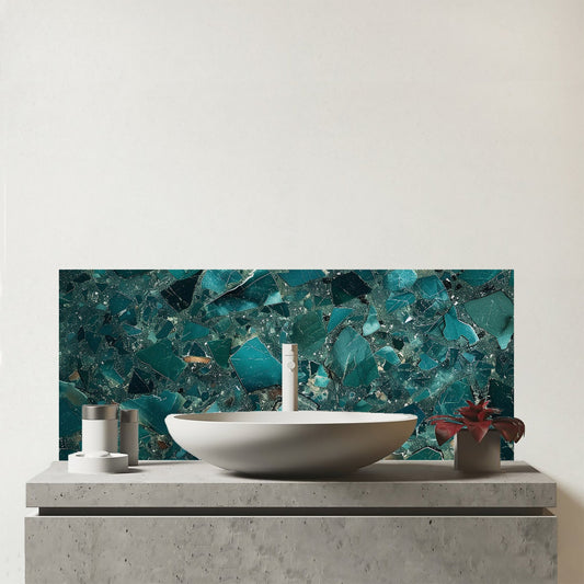 Teal Quartz Effect Glass Bathroom Splashback