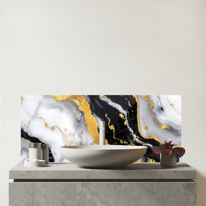 White Backed With Gold Marble Effect Glass Bathroom Splashback