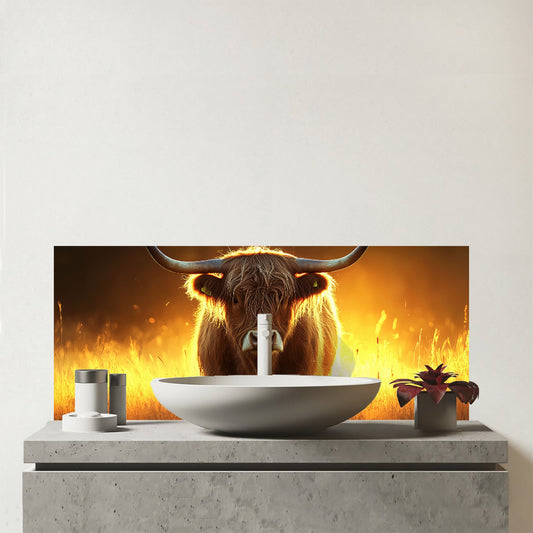 Highland Cow Sunset Glass Bathroom Splashback