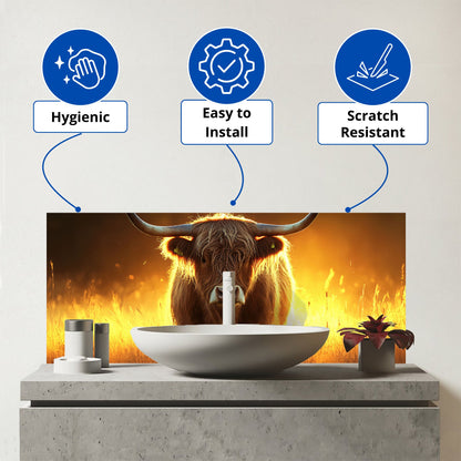 Highland Cow Sunset Glass Bathroom Splashback